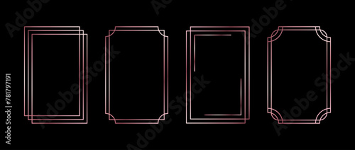Rose gold thin frame set. Pink golden geometric borders. Thin linear radiance rectangular shape collection. Art deco glowing shiny boarder element pack. Vector bundle for photo, cadre, poster, decor photo
