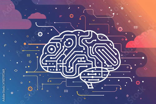 A modern, futuristic circuit board-inspired background featuring a brain-shaped pattern symbolizing data flow