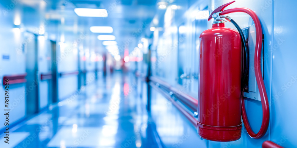 Red Fire Extinguisher Mounted in Hospital Corridor. Red Fire Extinguisher Mounted in Hospital Corridor.