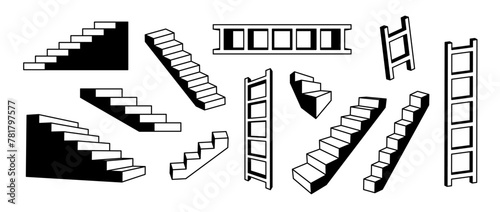 Linear stairs and ladders set. Black and white surreal geometric element collection. 3d perspective steps and staircases bundle. Retro outline shapes for collage, poster, banner. Vector art pack