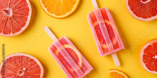 colorful frozen popsicles with grapefruit and orange slices on a yellow background, generative AI