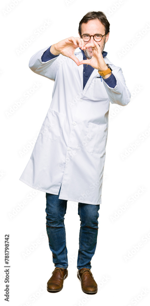 Middle age therapist wearing white coat smiling in love showing heart symbol and shape with hands. Romantic concept. Middle age therapist wearing white coat smiling in love showing heart symbol and shape with hands. Romantic concept.