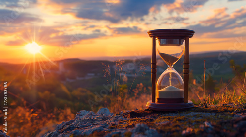 A serene hourglass on a rocky surface as the sun sets, symbolizing time's passage or reflection