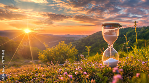 An hourglass amidst blossoming flowers at sunset, evoking thoughts of life cycles or fleeting moments photo