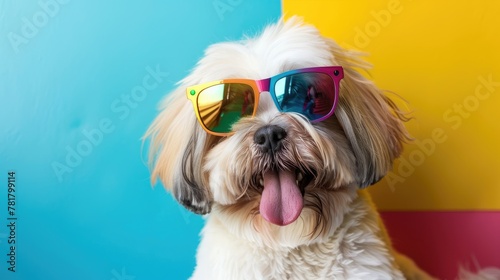 Sporting rainbow-colored sunglasses, a fluffy white dog strikes a pose against a vibrant, multicolored backdrop, exuding whimsy and charm in a delightful display of canine style.