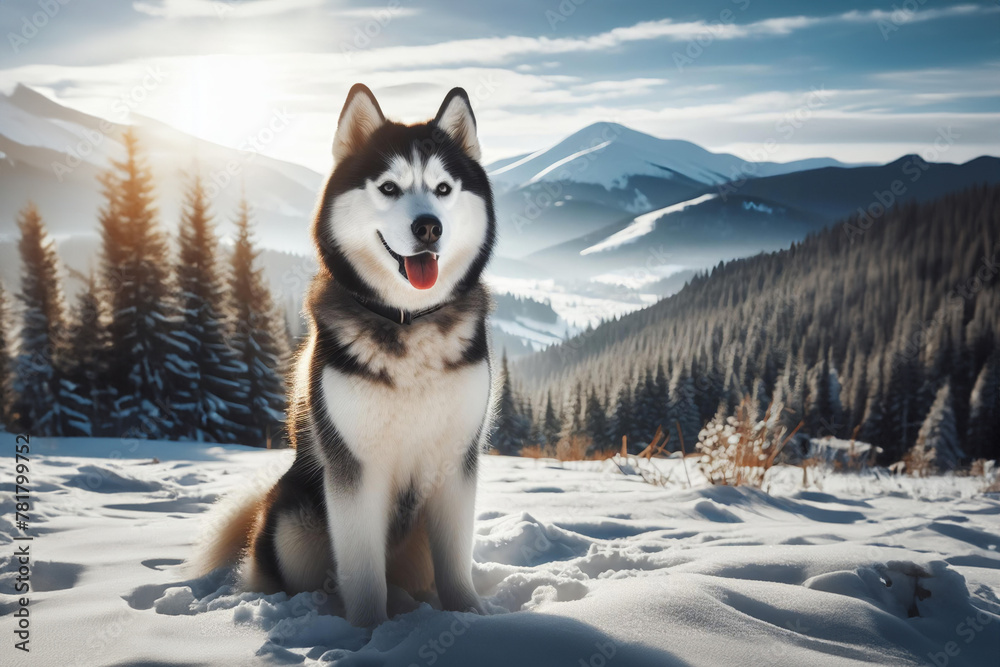 Siberian Husky stands prominently amidst a breathtaking snowy landscape