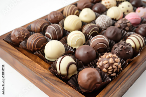 World chocolate Day. Assorted chocolate pralines on a wooden tray, concept of gourmet treats and artisan confectionery. © Bnz