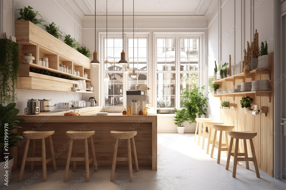 cafe interior design in pastel minimal style, Front view of coffee shop counter with bakery display and decoration plants. Blank blue wall panel, Morning sunlight,