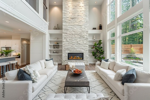 Beautiful modern living room interior with stone wall and fireplace in luxury home photo