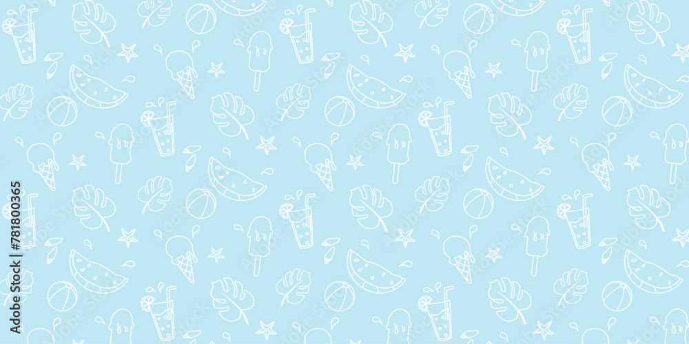 Summer. Hand drawn set of simple icons on blue background with summer elements. Collection of cartoon icons with one line in white color. Summer. Hand drawn set of simple icons on blue background with summer elements. Collection of cartoon icons with one line in white color.