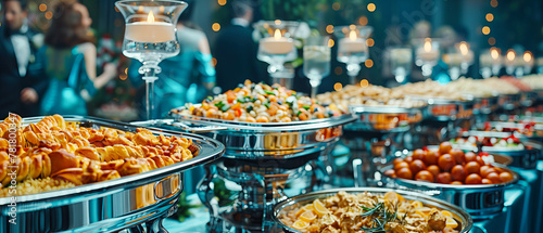 Lavish Buffet Setup for a Special Occasion, Showcasing an Array of Gourmet Dishes and Appetizers, Ideal for Celebratory Events