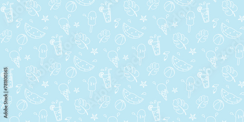 Summer. Hand drawn set of simple icons on blue background with summer elements. Collection of cartoon icons with one line in white color.