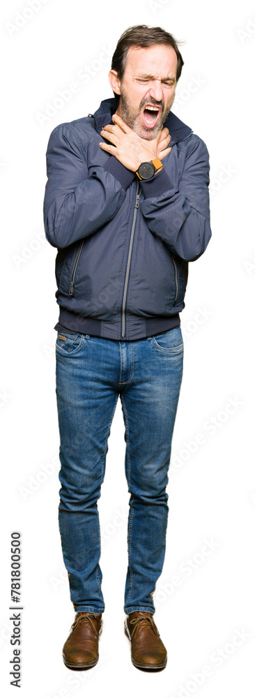 Middle age handsome man wearing a jacket shouting and suffocate because painful strangle. Health problem. Asphyxiate and suicide concept. Middle age handsome man wearing a jacket shouting and suffocate because painful strangle. Health problem. Asphyxiate and suicide concept.