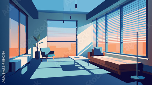 In a pristine white living room sleek modern blinds automatically lower as the sunlight streams in while the air conditioning kicks on to
