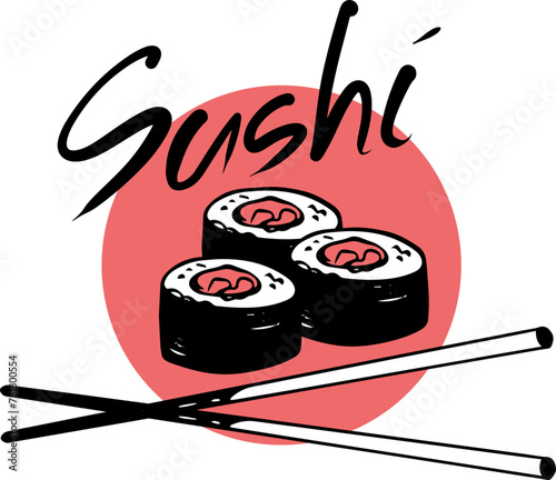 Vector sushi restaurant hand drawn logo with maki roll and lettering on red circle background