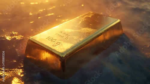 A single gold bar stamped with weight and purity, shines with a heavy glow on a textured surface reflecting light