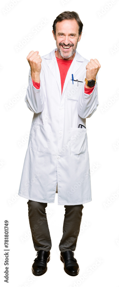 Middle age therapist wearing white coat celebrating surprised and amazed for success with arms raised and open eyes. Winner concept. Middle age therapist wearing white coat celebrating surprised and amazed for success with arms raised and open eyes. Winner concept.