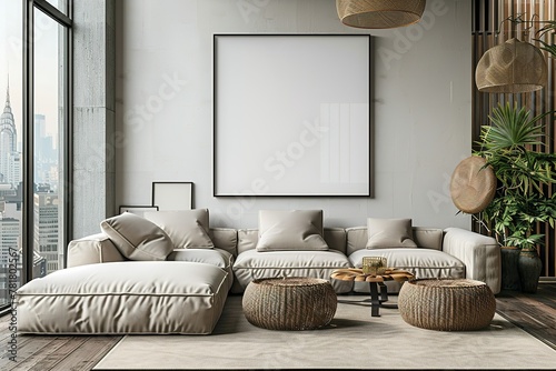 Blank white poster on the center of light wall in stylish living room with big beige sofa, cashmere carpet on wooden floor and city view from big window. ing, mock up photo