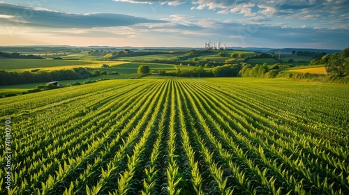 An aerial view of fields of tall green crops stretching across the rolling countryside with a small biorefinery visible in the distance. The caption highlights the potential of biofuels .