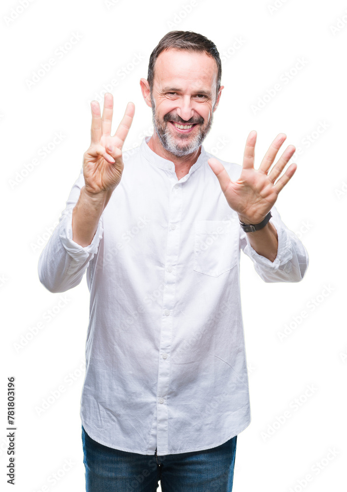 Middle age hoary senior man over isolated background showing and pointing up with fingers number eight while smiling confident and happy. Middle age hoary senior man over isolated background showing and pointing up with fingers number eight while smiling confident and happy.
