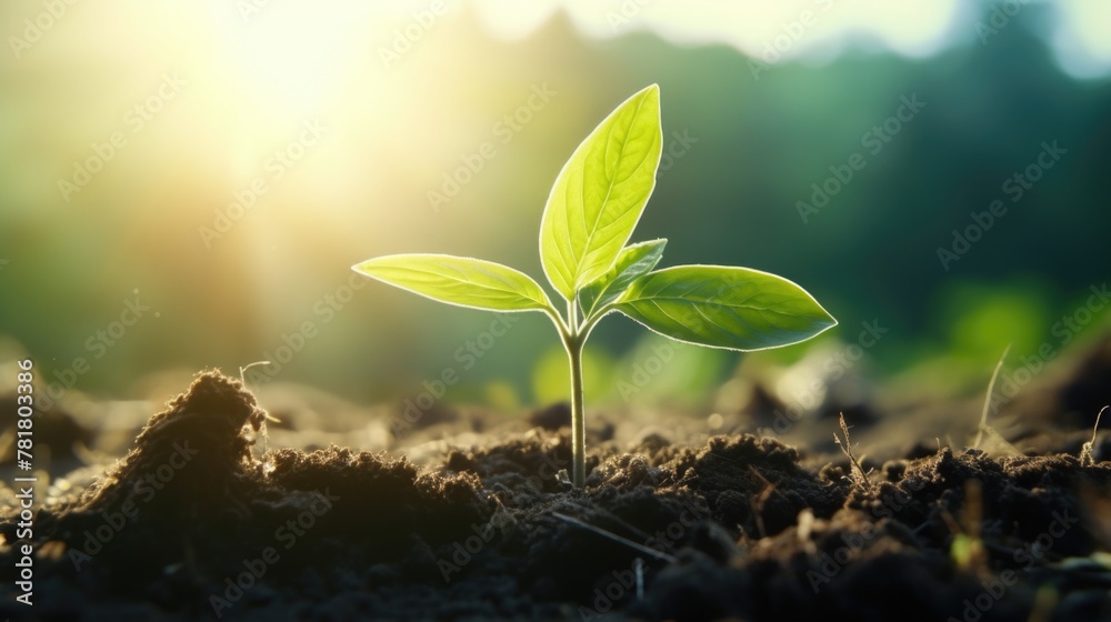 A small green plant is growing in the dirt. The plant is surrounded by dirt and has a few leaves. The sun is shining on the plant, making it look bright and healthy A small green plant is growing in the dirt. The plant is surrounded by dirt and has a few leaves. The sun is shining on the plant, making it look bright and healthy