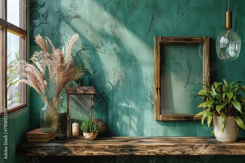 cadre vierge en bois sur un mur vert foncé, mockup