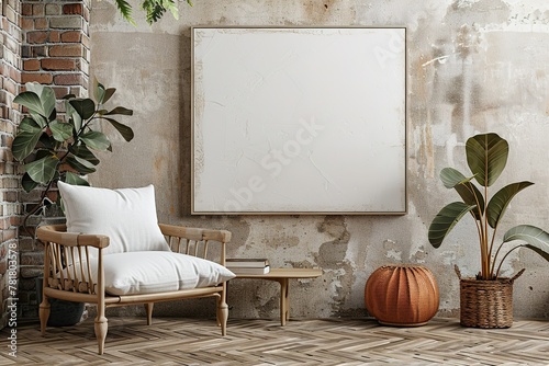 Canvas mockup in minimalist interior background with armchair and rustic decor.Front view. ing photo