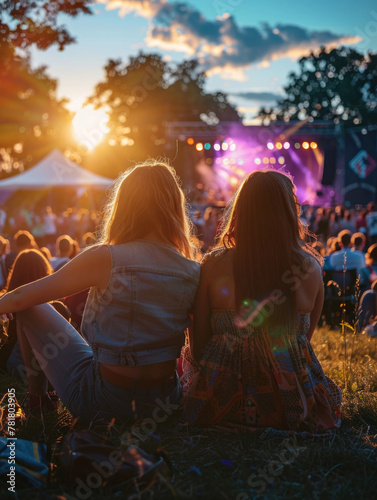 Two women sitting on the grass watching a concert. The sun is setting in the background. Scene is relaxed and fun