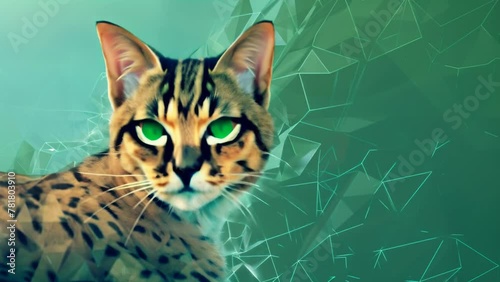 A serval cat, glowing emerald green, is depicted walking in a green background. This piece has a mystical and powerful atmosphere.
 photo