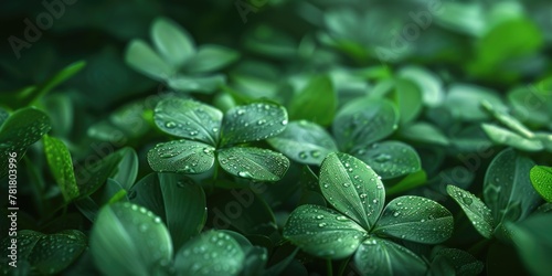 A close up of green leaves with water droplets on them. The leaves are arranged in a way that they resemble a clover. Concept of freshness and vitality