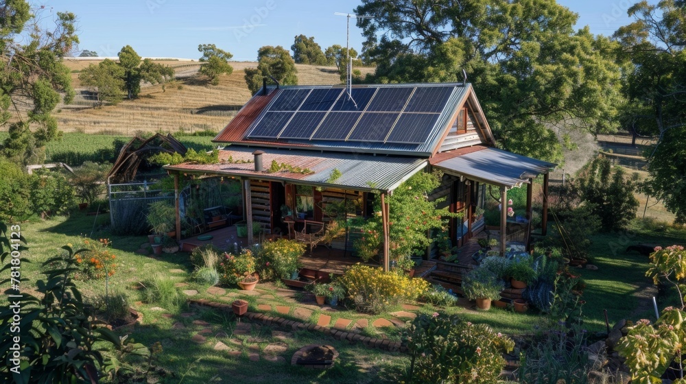 A quaint rural home with a rustic charm its roof lined with solar panels and a small garden nearby where the homeowners grow their . .