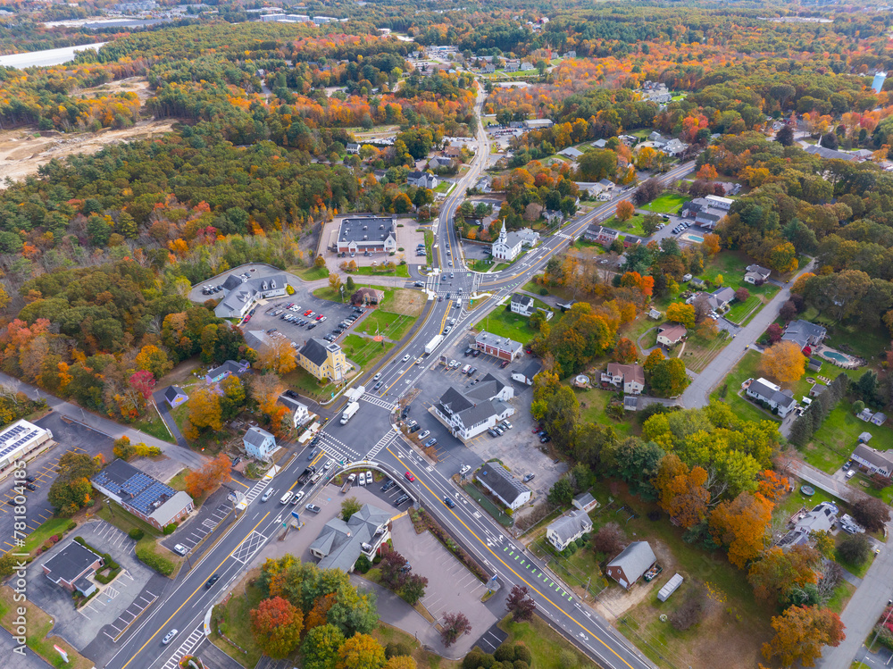 Bellingham historic center aerial view in fall including Old Town Hall and First Baptist Church on Main Street in town of Bellingham, Norfolk County, Massachusetts MA, USA. 