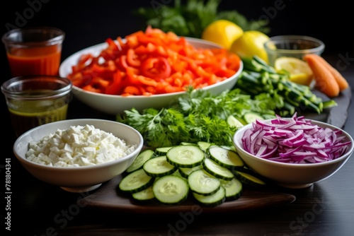 Set of ingredients for fresh vegetable salad, concept of diet and vegetarian nutrition, healthy lifestyle, top view 