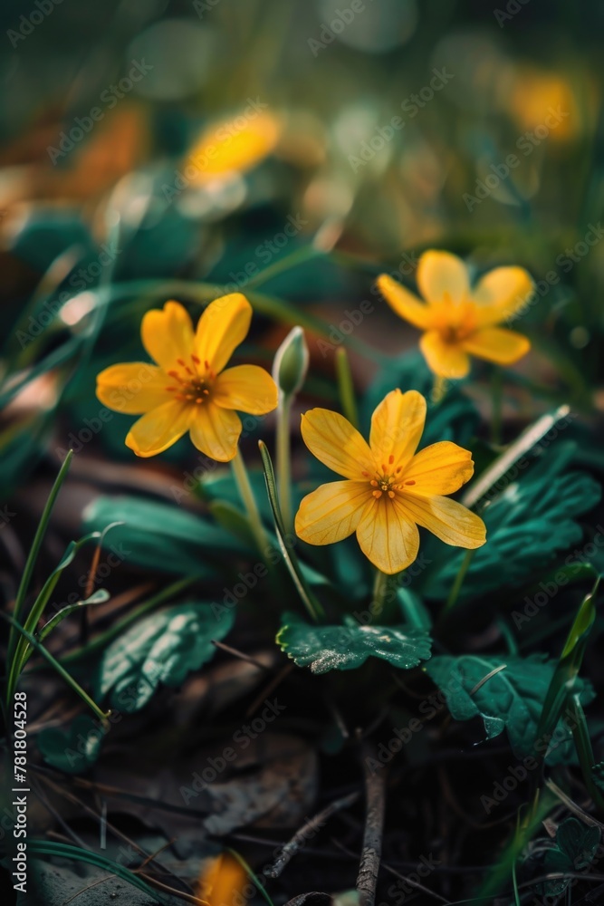 Three yellow flowers are in a field of green grass. The flowers are small and delicate, and they are surrounded by leaves and grass. The image has a peaceful and serene mood