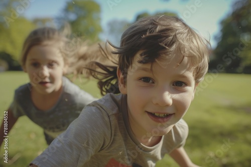 Two children are playing in a park, one of them is running and the other is following. They are both smiling and enjoying their time together