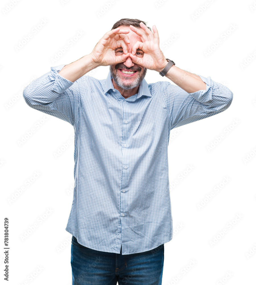 Middle age hoary senior business man over isolated background doing ok gesture like binoculars sticking tongue out, eyes looking through fingers. Crazy expression. Middle age hoary senior business man over isolated background doing ok gesture like binoculars sticking tongue out, eyes looking through fingers. Crazy expression.