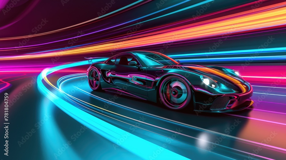 A black car is driving on a road with colorful streaks. The car is the main focus of the image, and the colors of the streaks create a sense of motion and excitement. Scene is energetic and dynamic