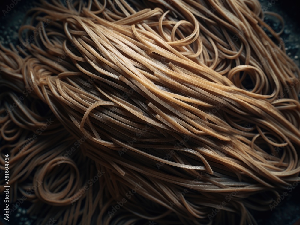 A close up of spaghetti noodles with a brownish color. The noodles are long and twisted, creating a sense of depth and texture. The image evokes a feeling of warmth and comfort