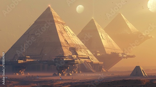 Egypt Reborn Hover-pyramids glow under the sun with the Sphinx guarding cyborg Pharaohs fields worked by robot farmers. photo