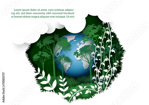 Poster illustration of Mother Earth day or World Environment's day with 3d global and plants in paper cut style, example texts on white background. © Atiwat