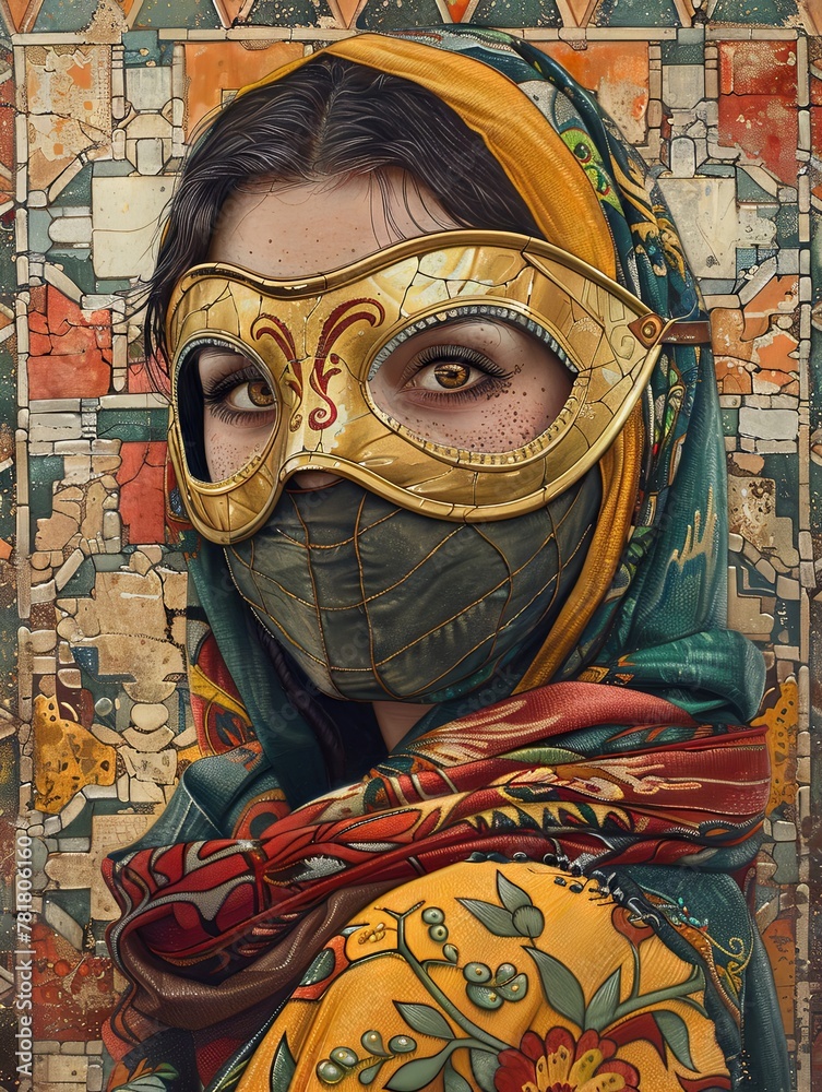 Artistic portrayal of a masked woman in a golden ratio composition against a vibrant hop art pattern wall background.