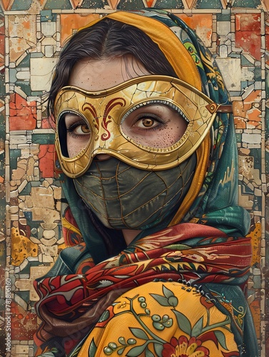 Artistic portrayal of a masked woman in a golden ratio composition against a vibrant hop art pattern wall background.