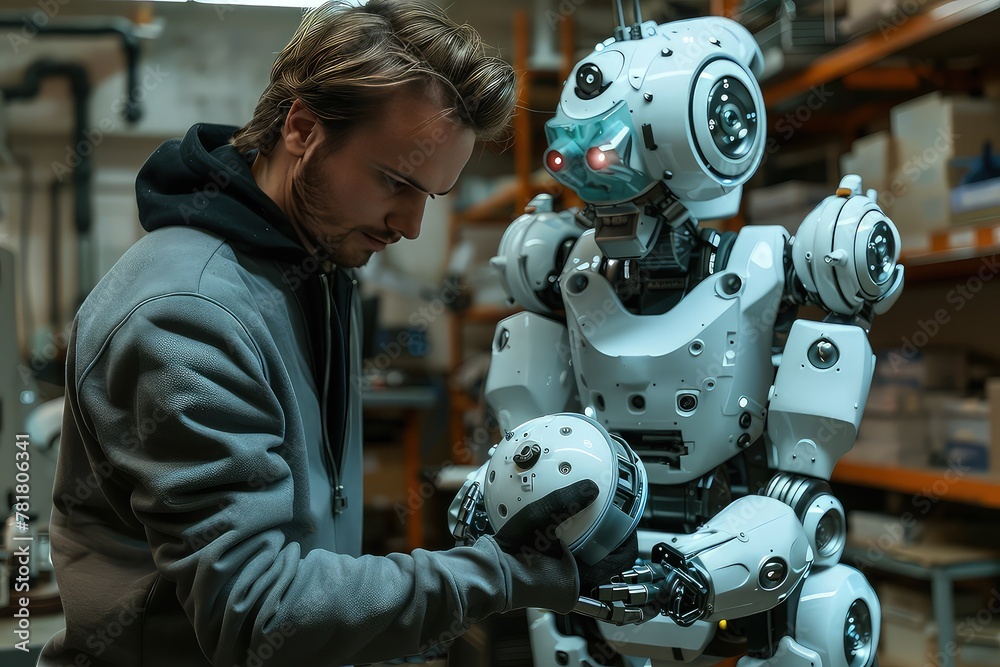 Male engineer working with android robot in a laboratory for the creation of humanoid android robots to help humans.