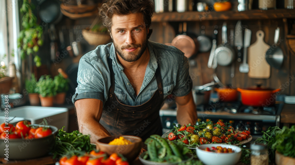 Handsome man cooking at home preparing salad in kitchen. Handsome man cooking at home preparing salad in kitchen.