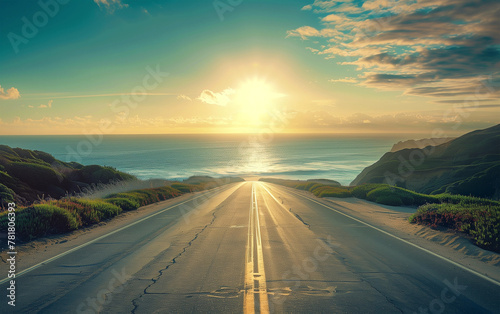 coastal highway leading directly to the sea - holiday road-trip promotion, travel vacation.