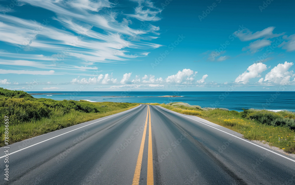 coastal highway leading directly to the sea - holiday road-trip promotion, travel vacation.