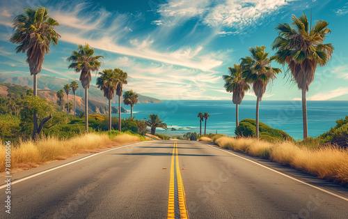 coastal highway leading directly to the sea - holiday road-trip promotion, travel vacation. © melhak