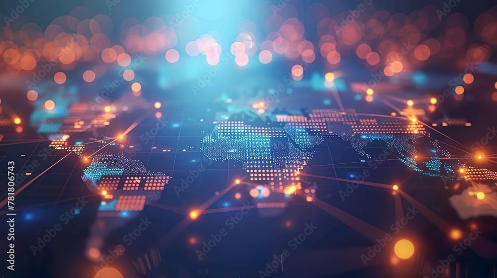 digital map of the world with glowing connections between cities, representing global connectivity and data transfer in cloud computing. 8k resolution digital map of the world with glowing connections between cities, representing global connectivity and data transfer in cloud computing. 8k resolution