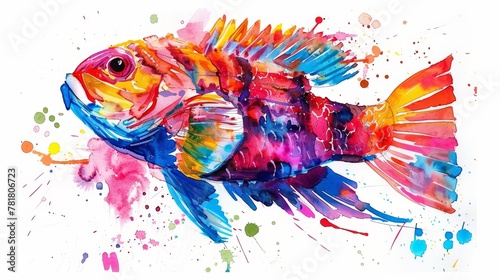   A colorful fish  painted in watercolor  swims against a white background Beneath it  a splash of paint adds texture and depth to the image s bottom