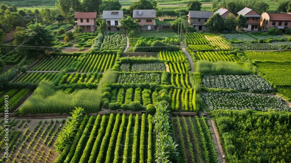 An aerial view of a small village where every house has a small garden plot with various crops used for biofuel production such as corn sunflowers and soybeans. The neat rows of plants .